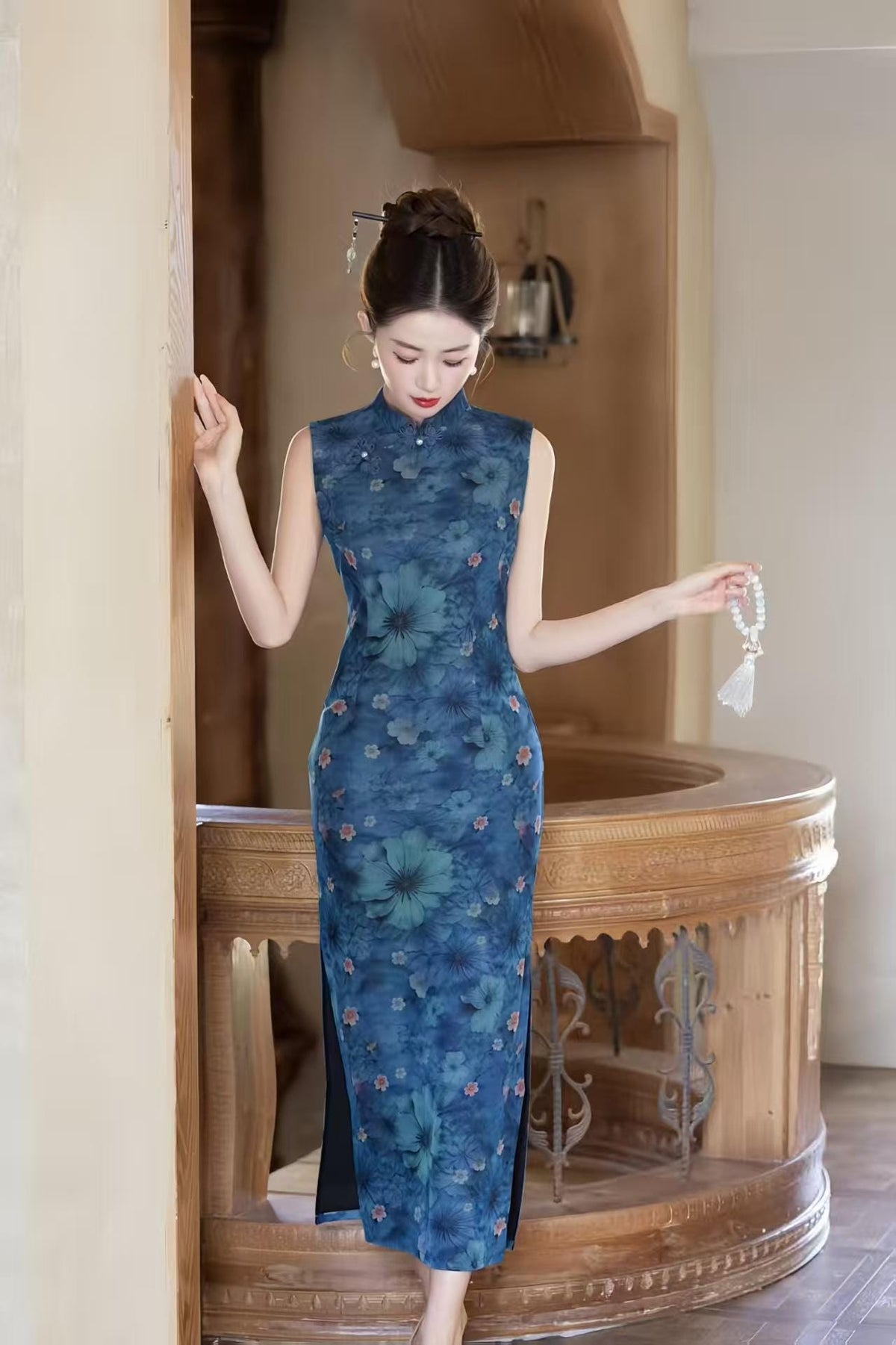 Women's Blue Floral Qipao Cheongsam Dress – additional product view