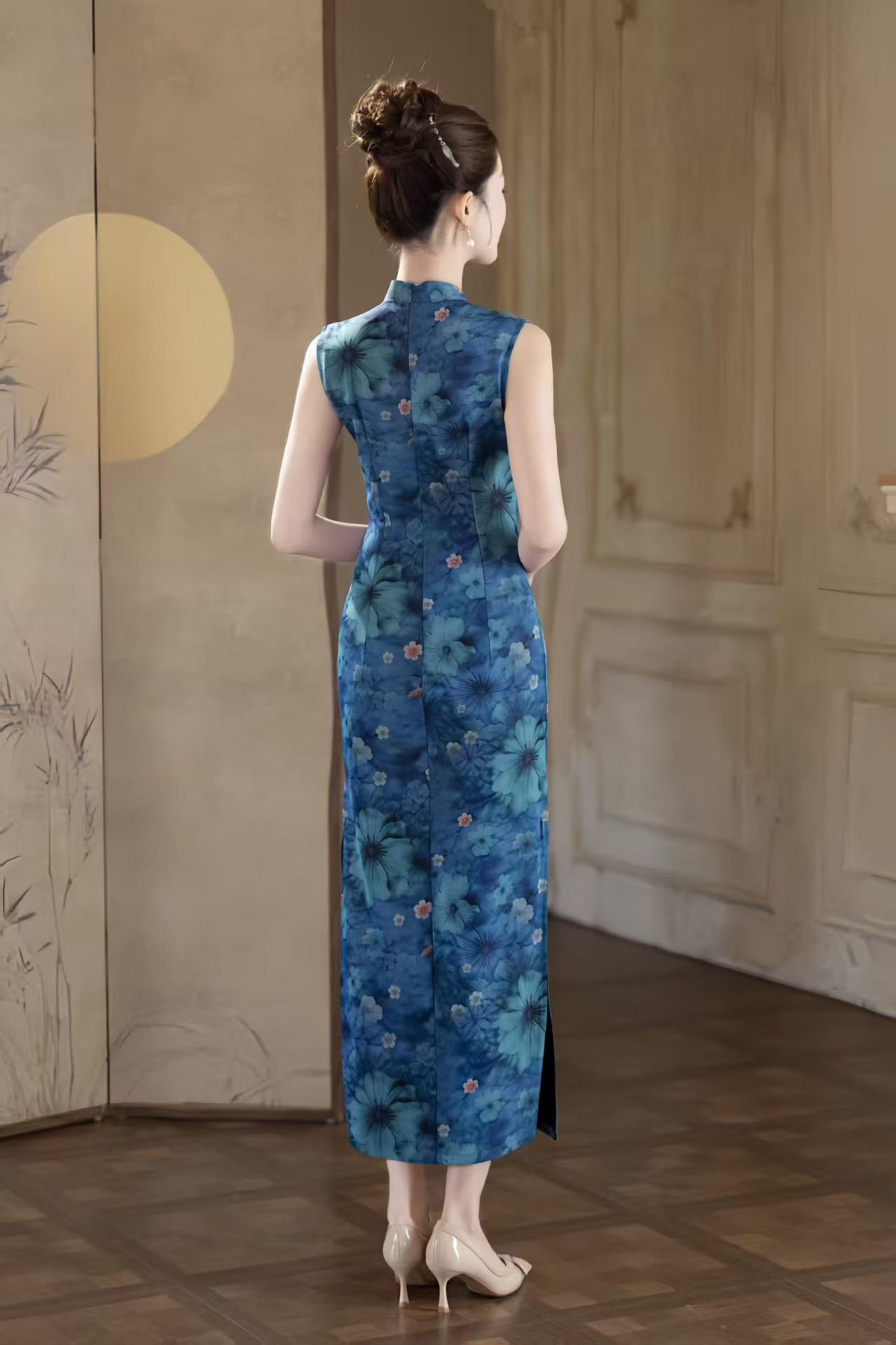 Women's Blue Floral Qipao Cheongsam Dress – additional product view