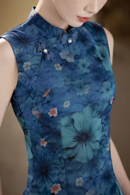 Women's Blue Floral Qipao Cheongsam Dress – additional product view