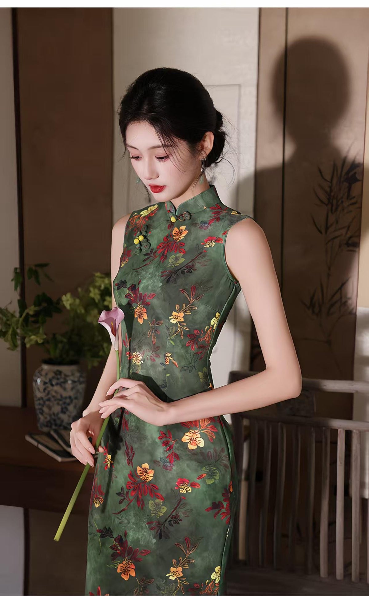 Women's Green Floral Qipao Cheongsam Dress – Sleeveless Fitted – additional product view