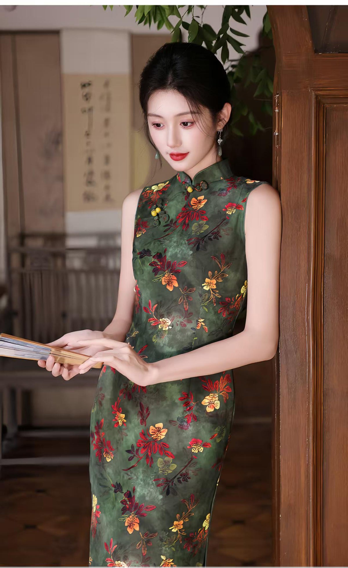 Women's Green Floral Qipao Cheongsam Dress – Sleeveless Fitted – additional product view