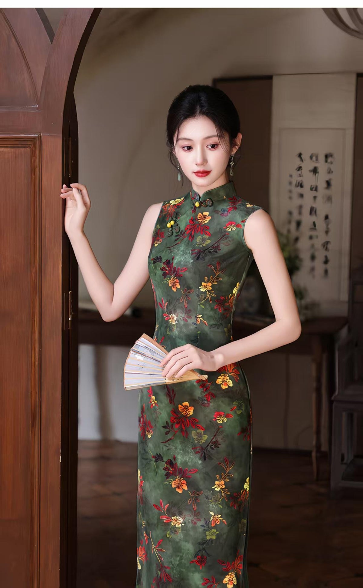 Women's Green Floral Qipao Cheongsam Dress – Sleeveless Fitted – additional product view