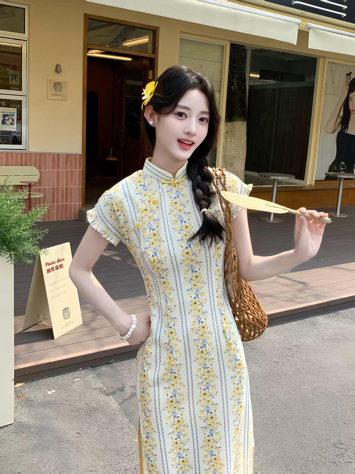 Women's Floral Qipao Cheongsam Dress – Beige Linen Bamboo – additional product view