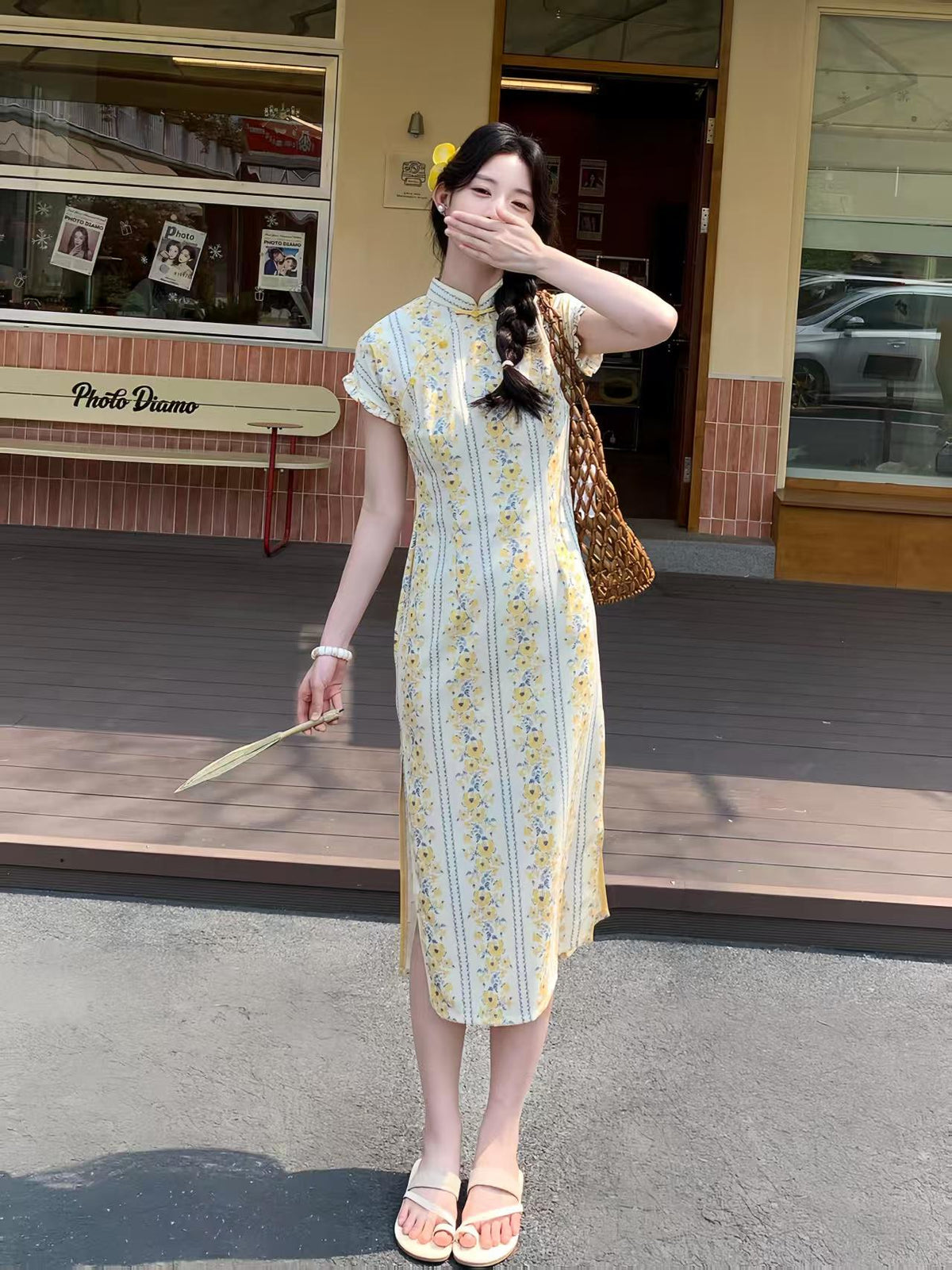 Women's Floral Qipao Cheongsam Dress – Beige Linen Bamboo – additional product view