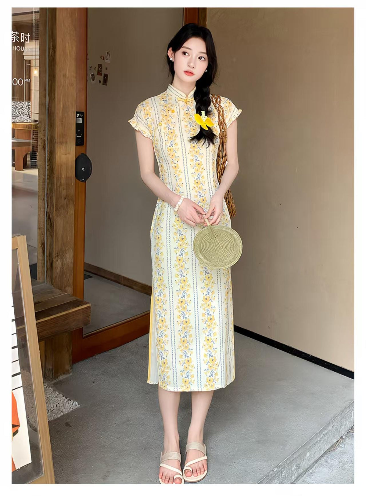 Women's Floral Qipao Cheongsam Dress – Beige Linen Bamboo – additional product view