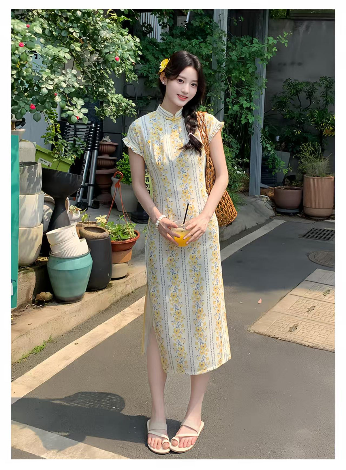 Women's Floral Qipao Cheongsam Dress – Beige Linen Bamboo – additional product view