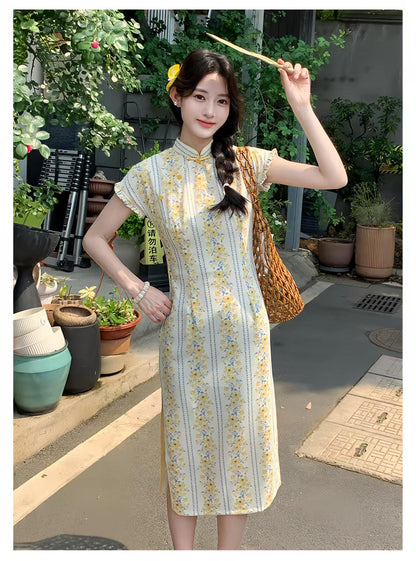 Women's Floral Qipao Cheongsam Dress – Beige Linen Bamboo