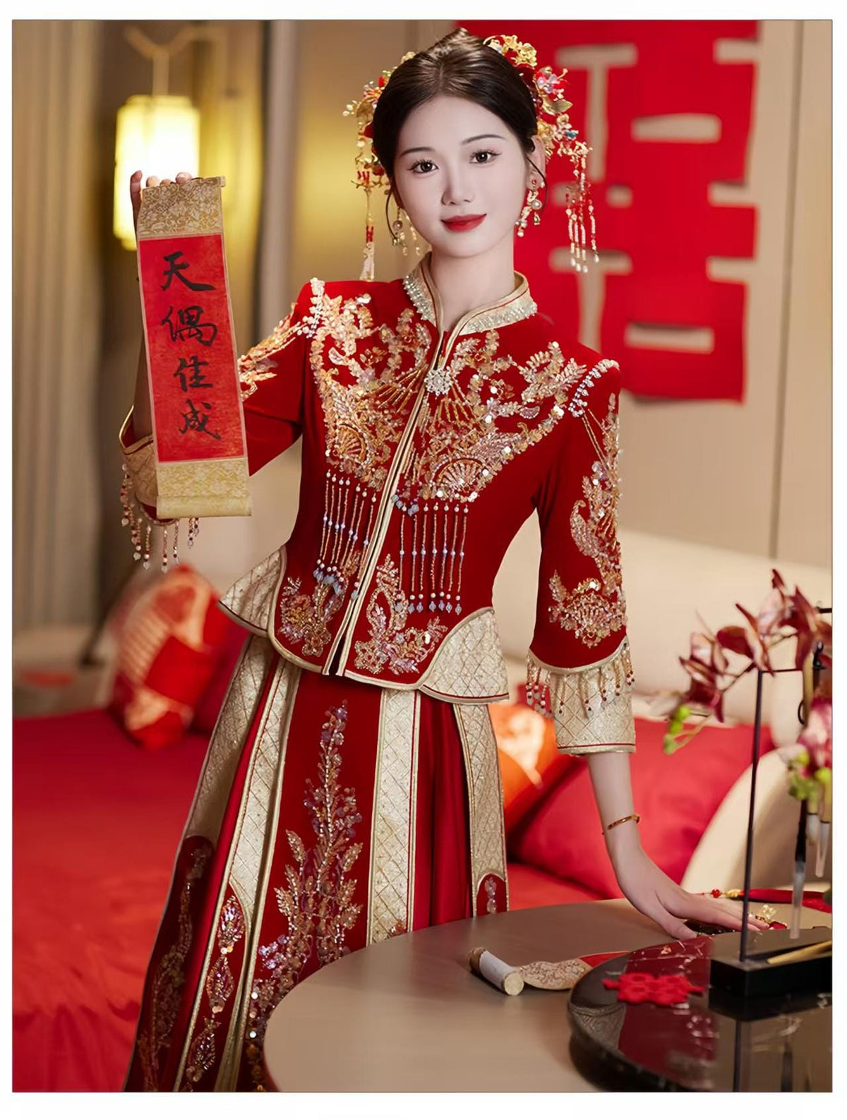 Women's Red Embroidered Qipao Cheongsam Dress – Dragon – additional product view
