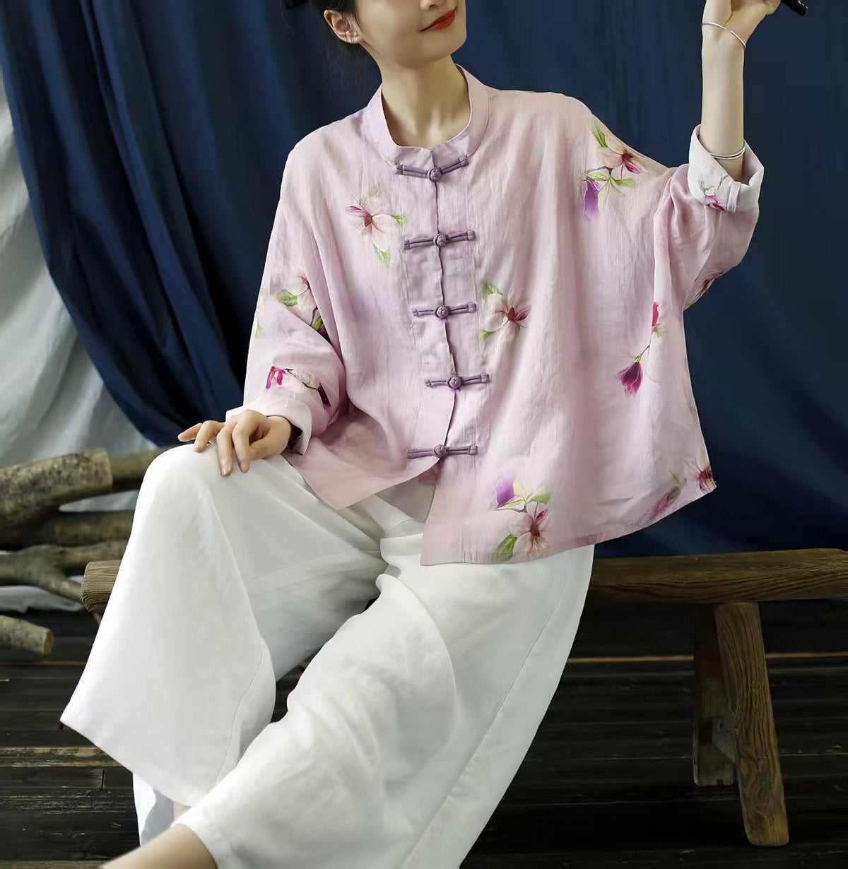 Women's Pink Floral Chinese Tang Jacket – additional product view