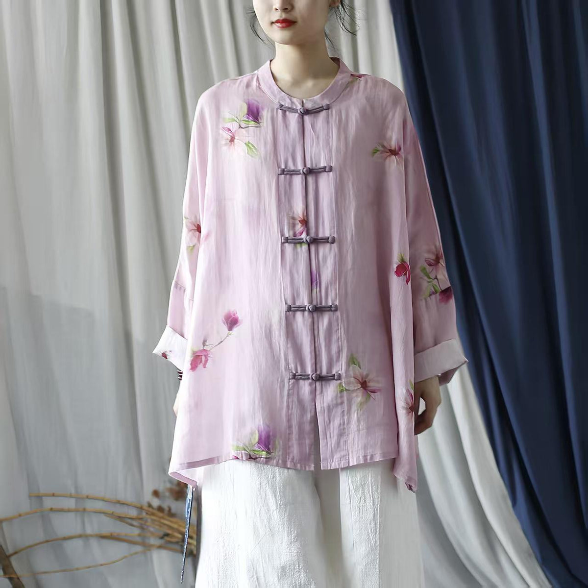 Women's Pink Floral Chinese Tang Jacket – additional product view