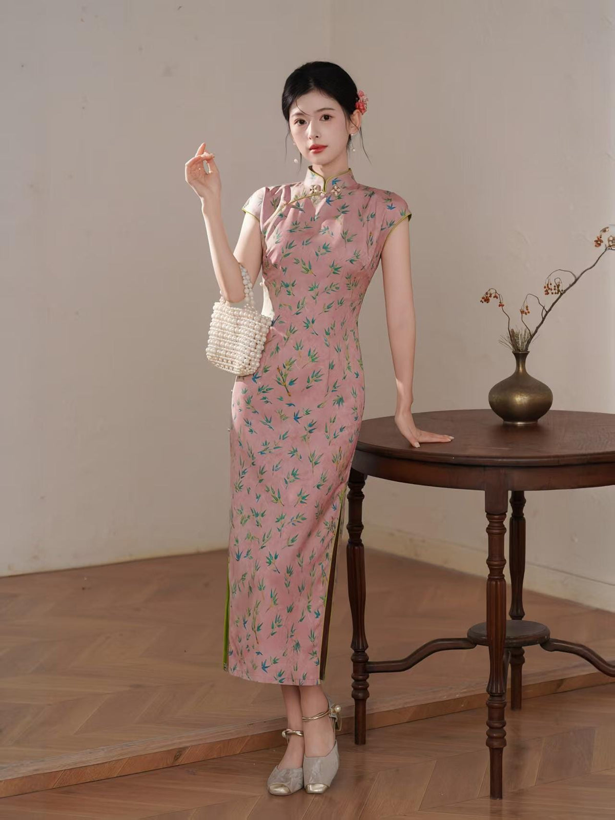 Women's Pink Vintage Satin Qipao Cheongsam Dress – additional product view