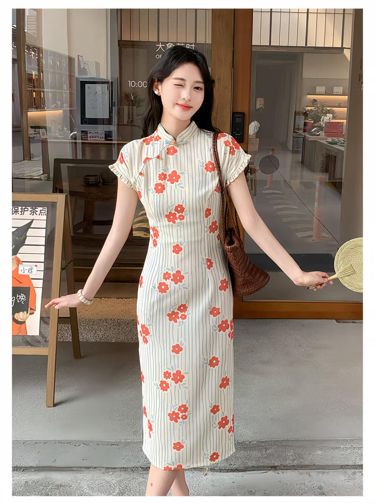 Women's Floral Qipao Cheongsam Dress – Orange Linen – additional product view