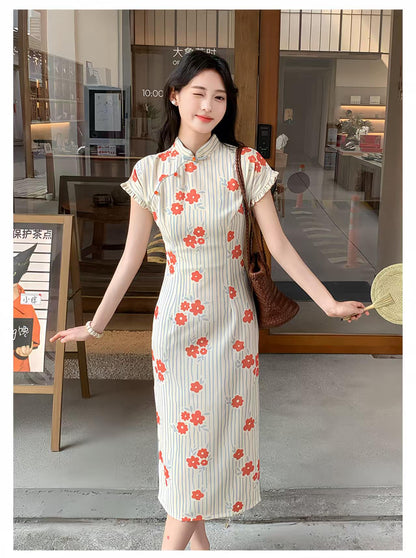 Women's Floral Qipao Cheongsam Dress – Orange Linen – additional product view