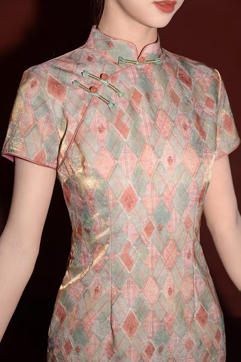 Women's Green Jacquard Satin Qipao Cheongsam Dress – additional product view