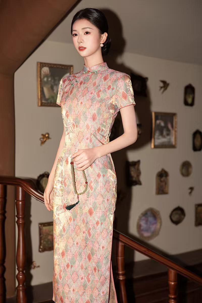 Women's Green Jacquard Satin Qipao Cheongsam Dress – additional product view