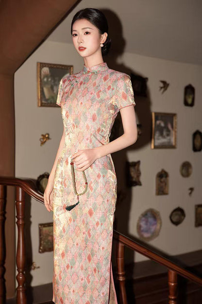 Women's Green Jacquard Satin Qipao Cheongsam Dress – additional product view