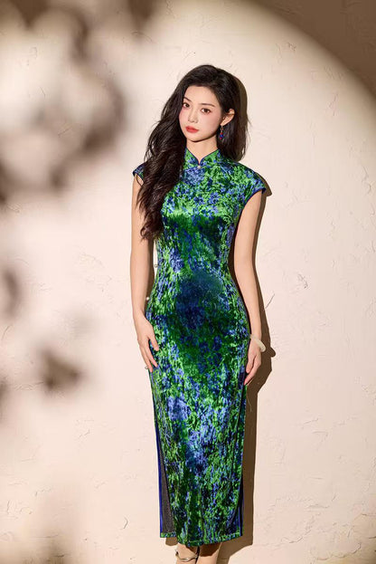 Women's Blue Elegant Velvet Qipao Cheongsam Dress – additional product view