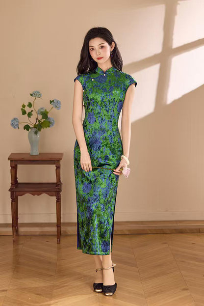 Women's Blue Elegant Velvet Qipao Cheongsam Dress – additional product view