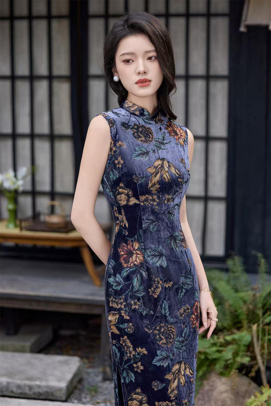 Women's Blue Floral Velvet Qipao Cheongsam Dress – Fitted