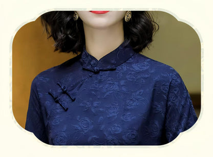 Women's Blue Vintage Qipao Cheongsam Dress – Cotton – additional product view