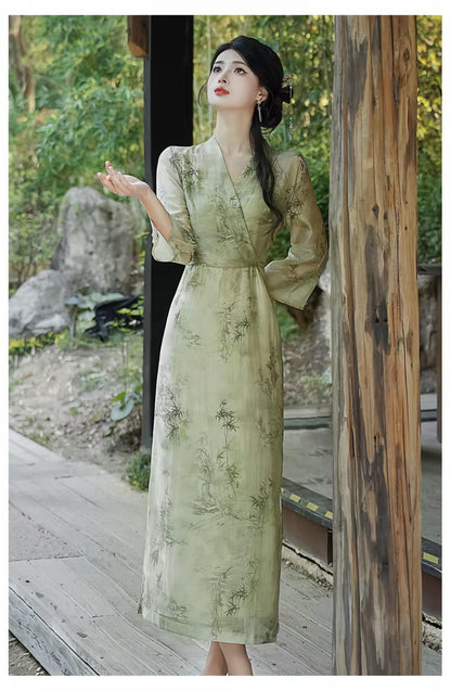 Women's Green Elegant Modern Chinese Two-Piece Set – additional product view