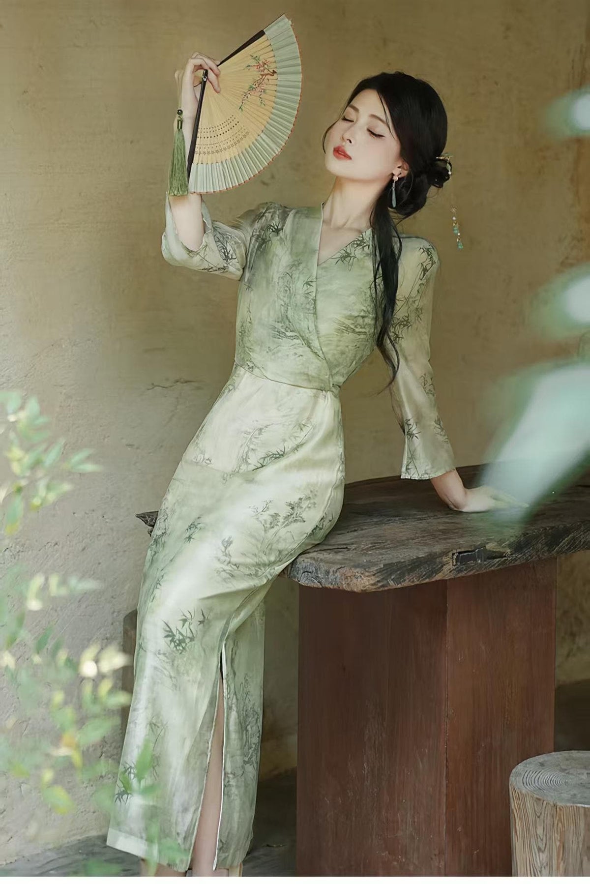 Women's Green Elegant Modern Chinese Two-Piece Set
