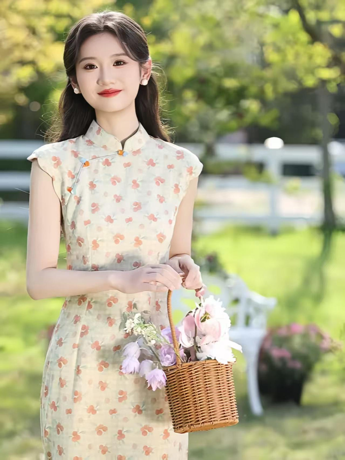 Women's Floral Qipao Cheongsam Dress – Ivory Linen – additional product view
