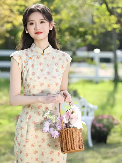 Women's Floral Qipao Cheongsam Dress – Ivory Linen – additional product view