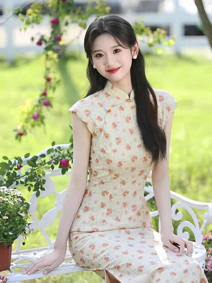Women's Floral Qipao Cheongsam Dress – Ivory Linen – additional product view
