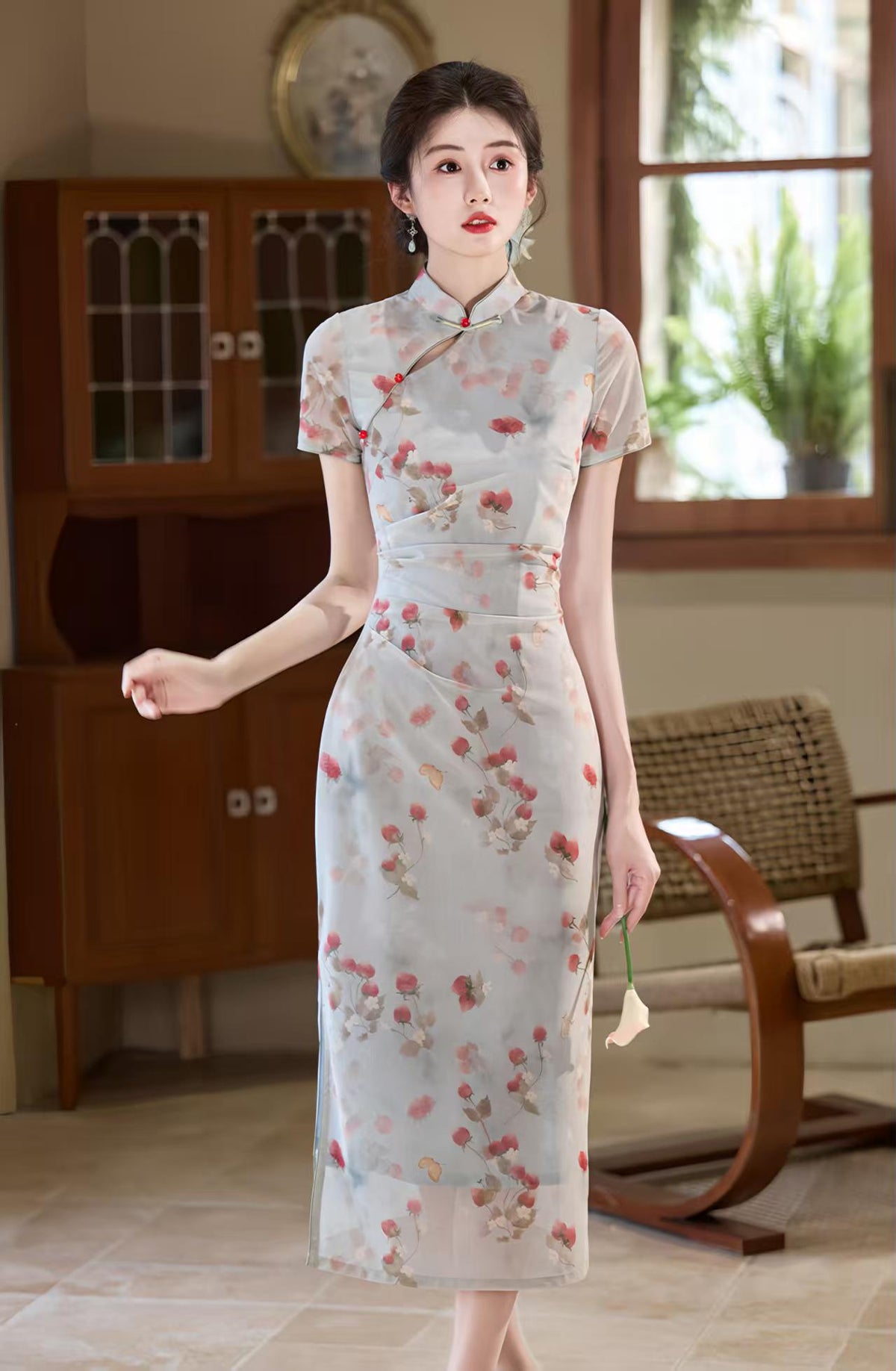 Women's Blue Floral Qipao Cheongsam Dress – Floral Embroidery Fitted – additional product view