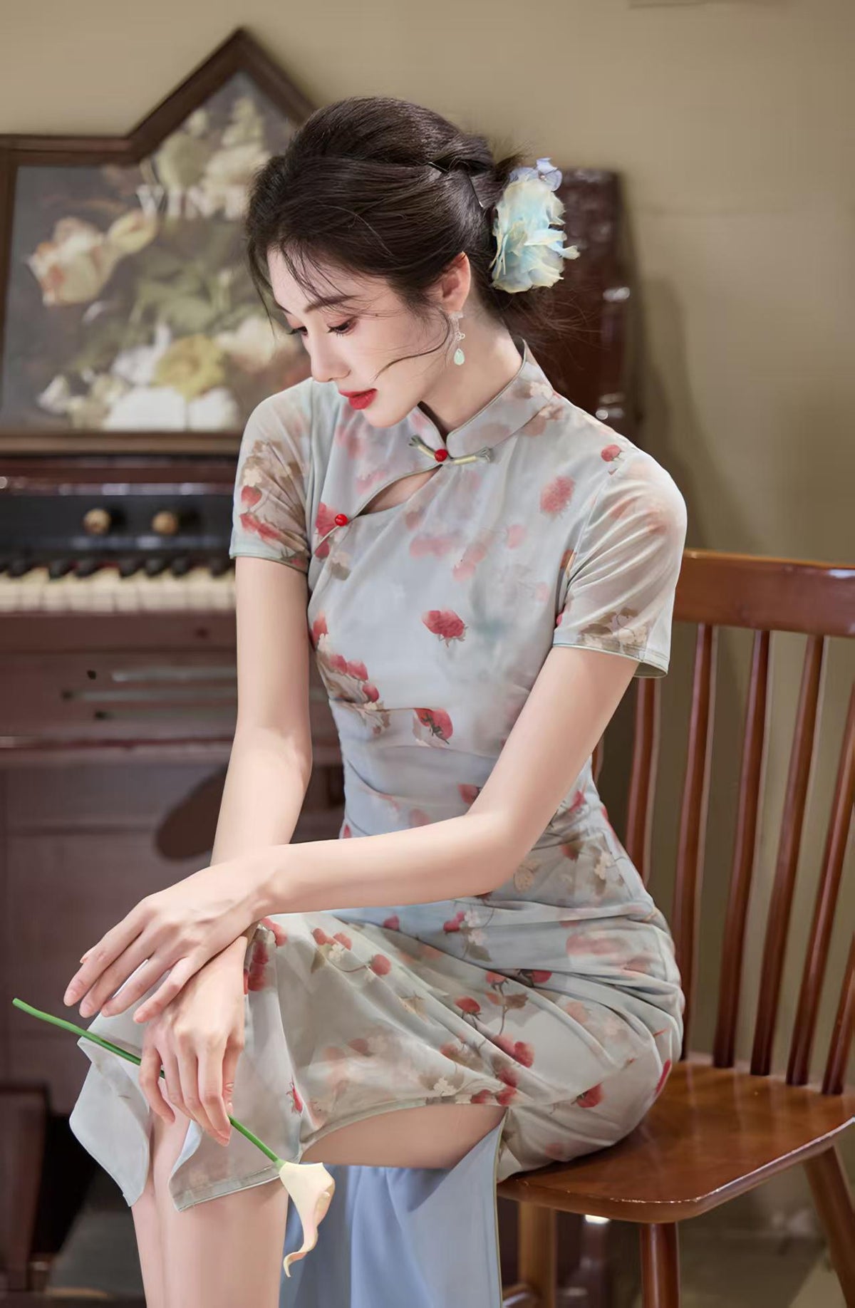Women's Blue Floral Qipao Cheongsam Dress – Floral Embroidery Fitted – additional product view