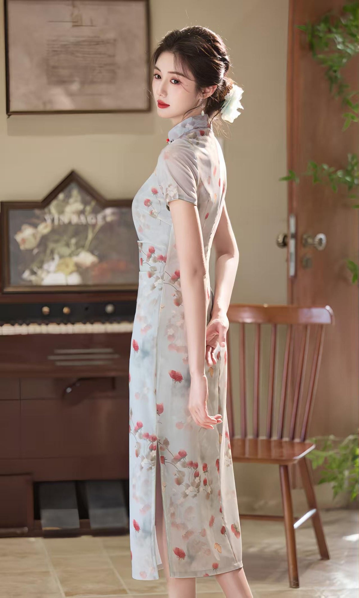 Women's Blue Floral Qipao Cheongsam Dress – Floral Embroidery Fitted – additional product view
