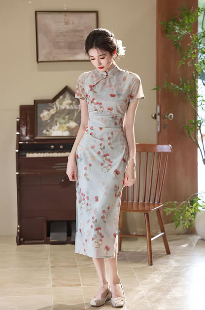 Women's Blue Floral Qipao Cheongsam Dress – Floral Embroidery Fitted – additional product view