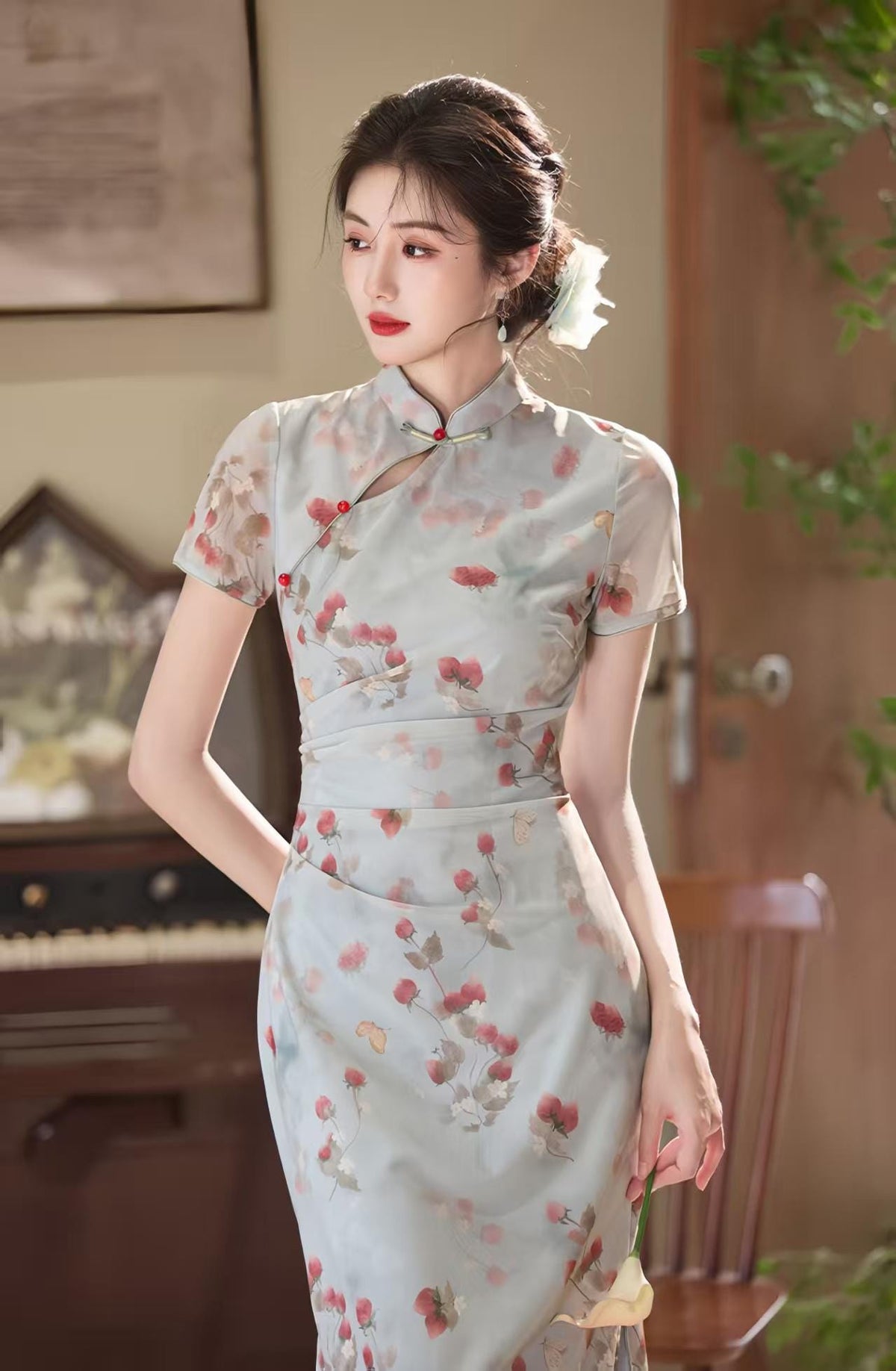 Women's Blue Floral Qipao Cheongsam Dress – Floral Embroidery Fitted – additional product view