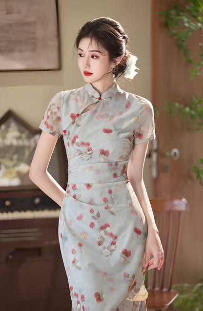 Women's Blue Floral Qipao Cheongsam Dress – Floral Embroidery Fitted – additional product view