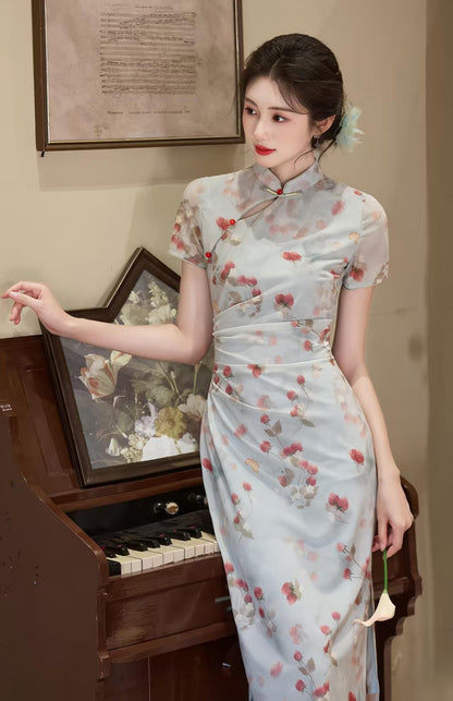 Women's Blue Floral Qipao Cheongsam Dress – Floral Embroidery Fitted