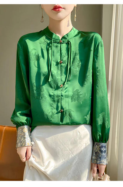 Women's Green Jacquard Satin Chinese Style Blouse – additional product view