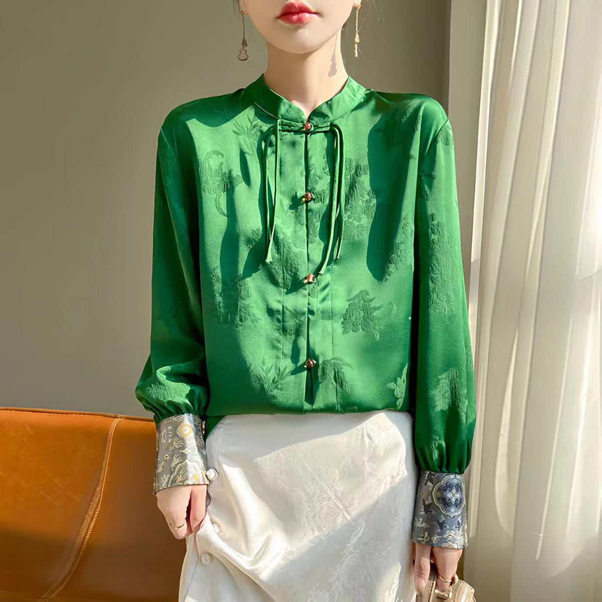 Women's Green Jacquard Satin Chinese Style Blouse – additional product view