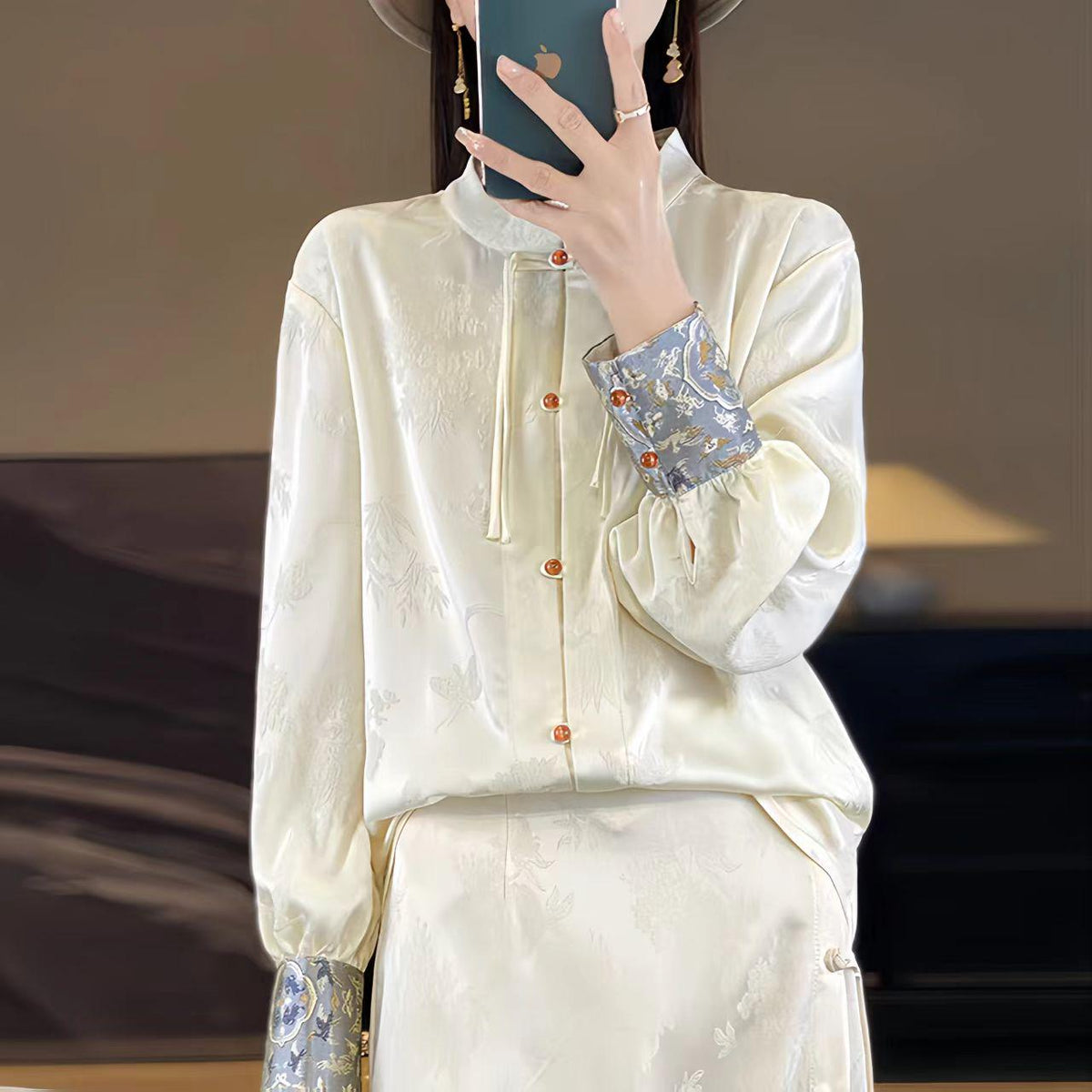 Women's Green Jacquard Satin Chinese Style Blouse – additional product view