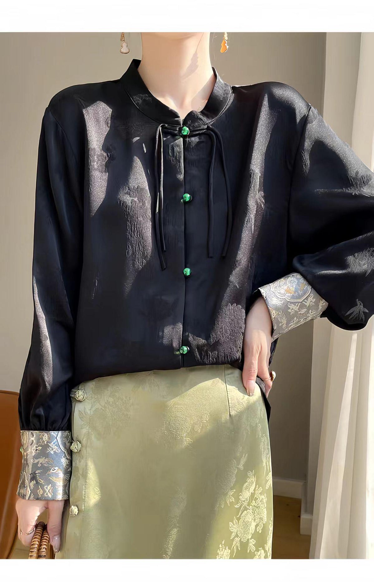 Women's Green Jacquard Satin Chinese Style Blouse – additional product view