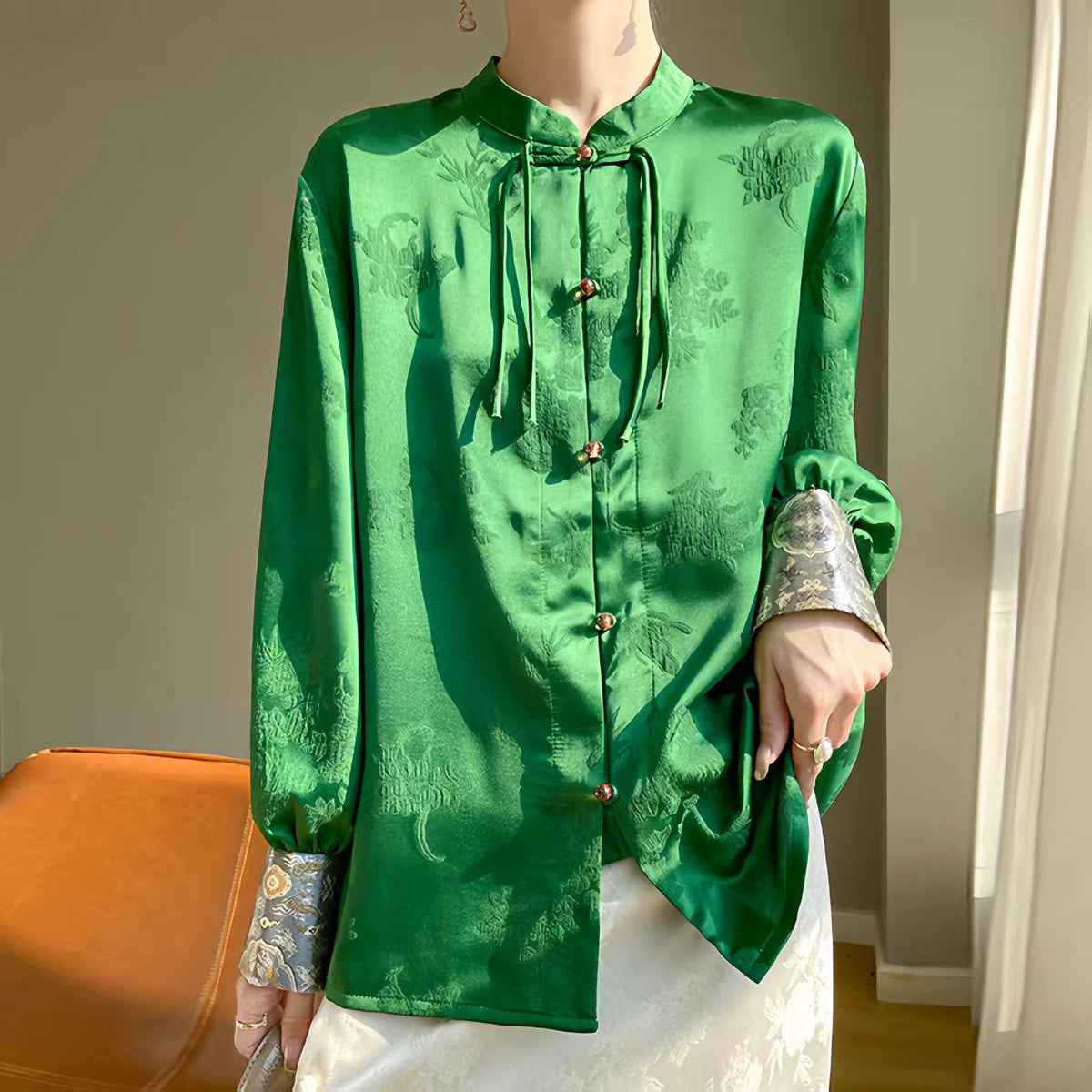 Women's Green Jacquard Satin Chinese Style Blouse