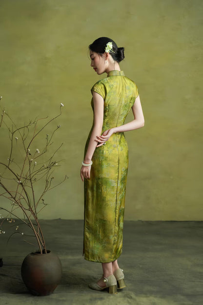 Women's Green Vintage Satin Qipao Cheongsam Dress – additional product view