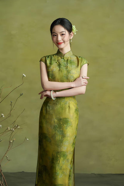 Women's Green Vintage Satin Qipao Cheongsam Dress – additional product view