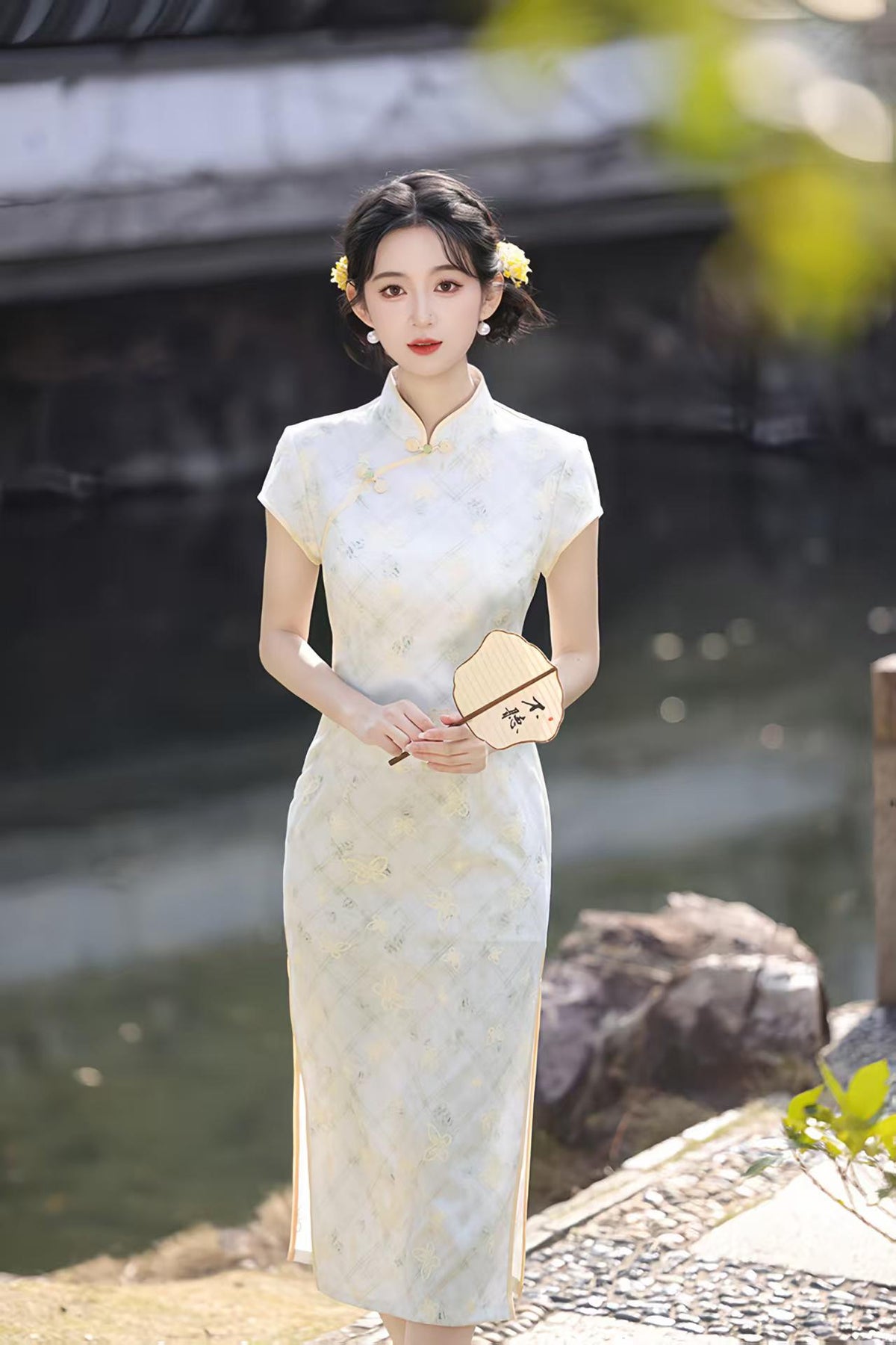 Women's Vintage Qipao Cheongsam Dress – Beige Linen Fitted – additional product view
