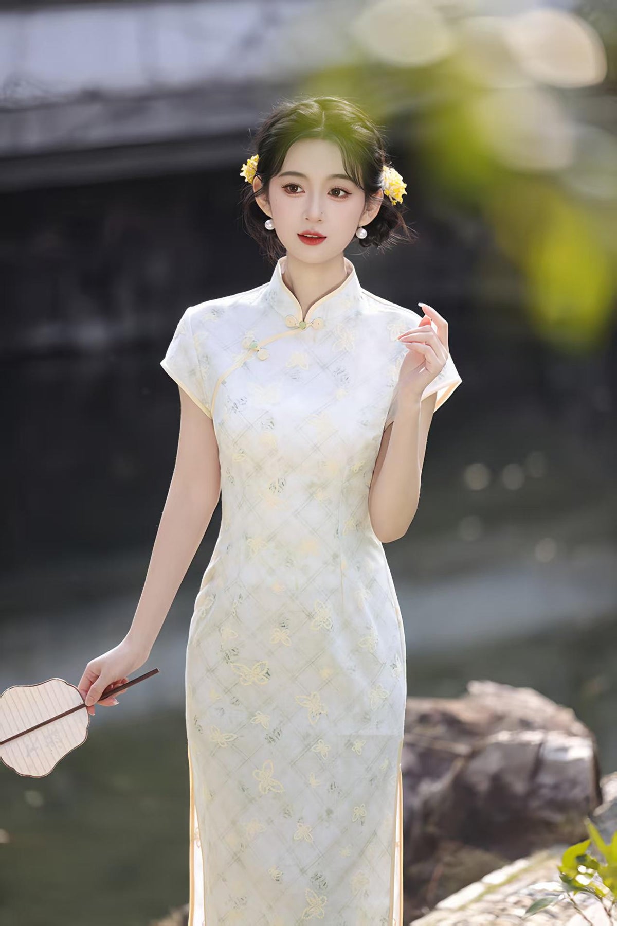 Women's Vintage Qipao Cheongsam Dress – Beige Linen Fitted – additional product view