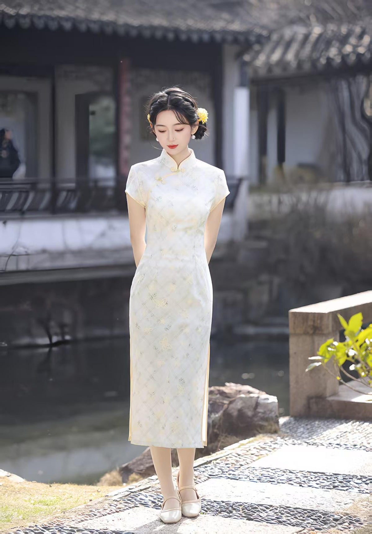 Women's Vintage Qipao Cheongsam Dress – Beige Linen Fitted – additional product view