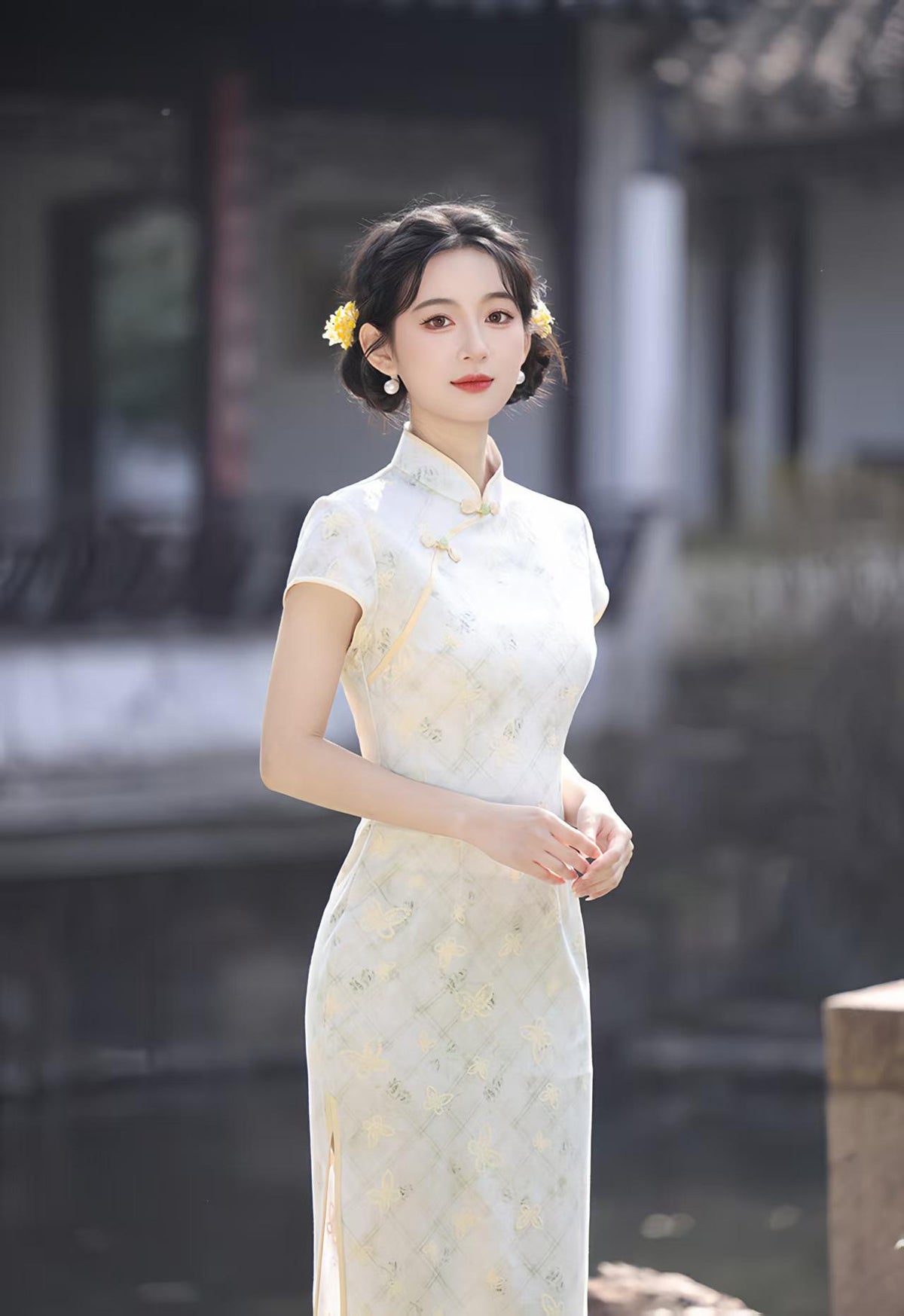 Women's Vintage Qipao Cheongsam Dress – Beige Linen Fitted – additional product view