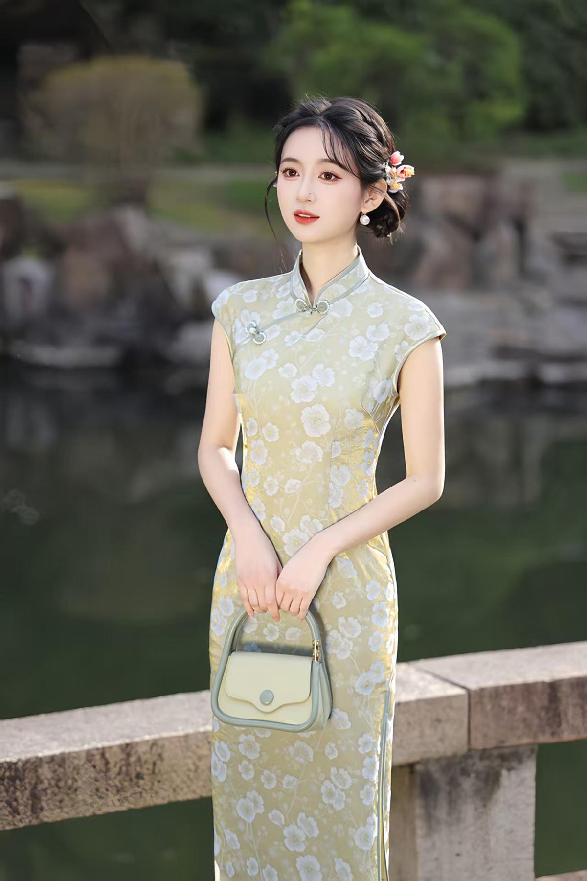 Women's Green Floral Qipao Cheongsam Dress – additional product view