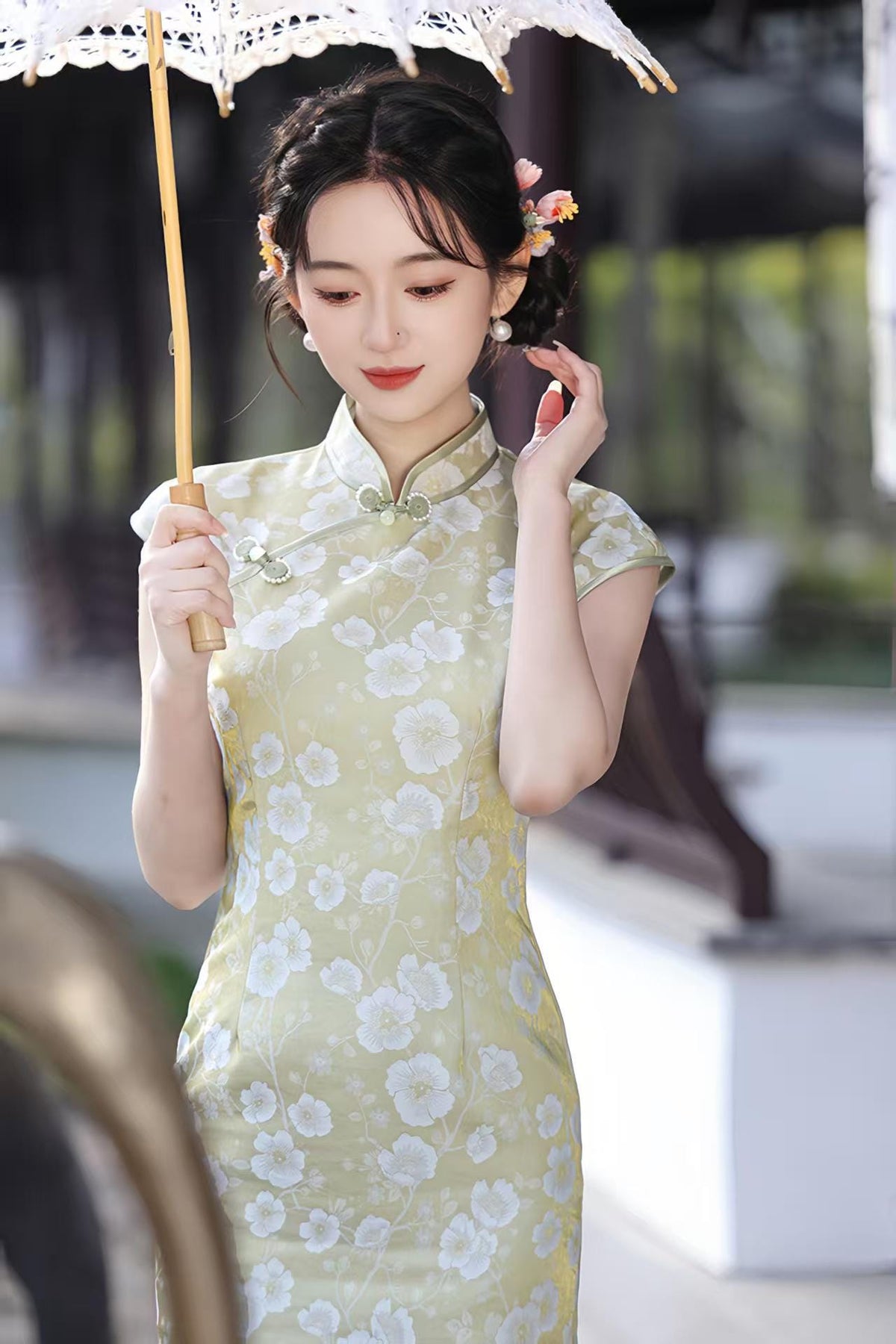 Women's Green Floral Qipao Cheongsam Dress