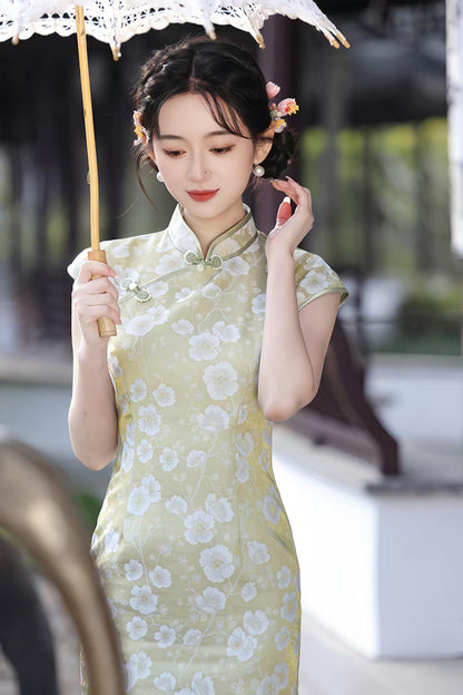 Women's Green Floral Qipao Cheongsam Dress